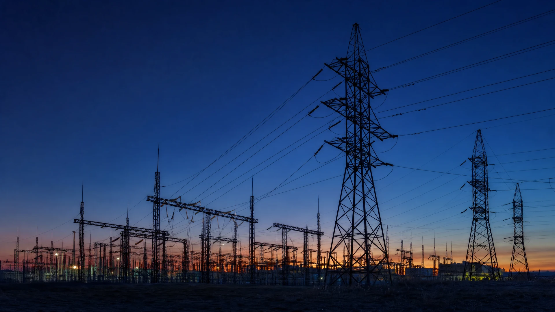 Power substation field at twilight with lattice towers silhouetted against deep blue sky