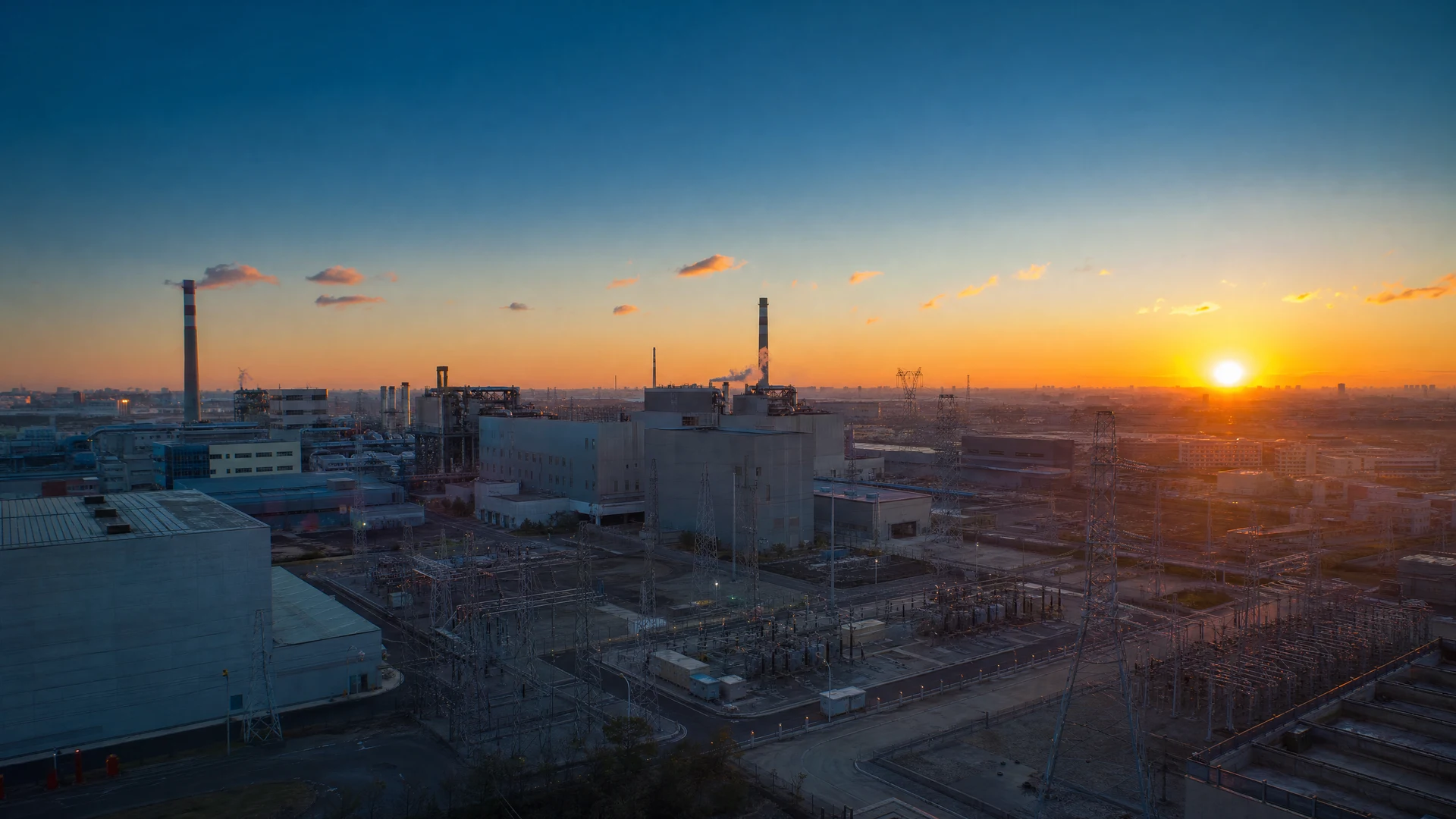 Modern industrial dawn with factory district and electrical substations under deep blue sky