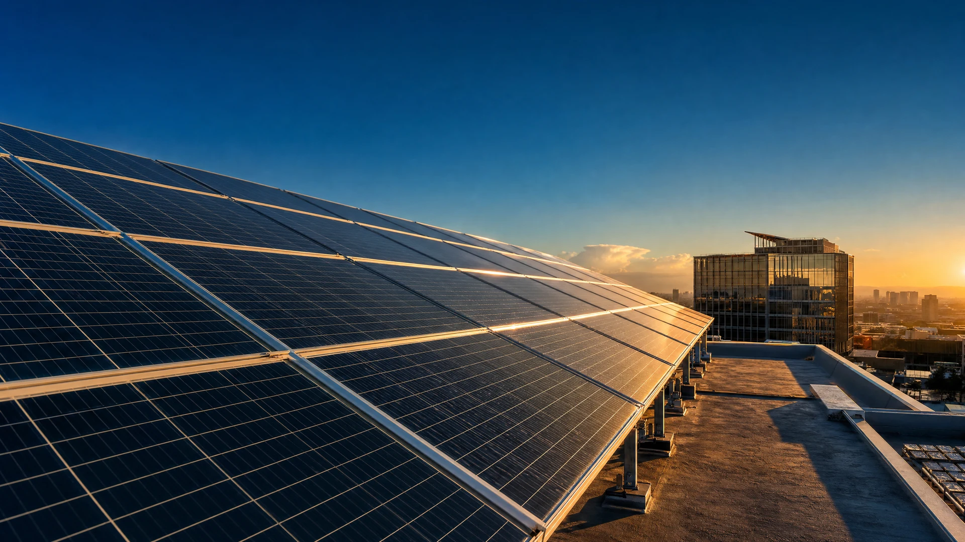 Rooftop solar array under bright blue African sky with golden-hour light on panel surfaces