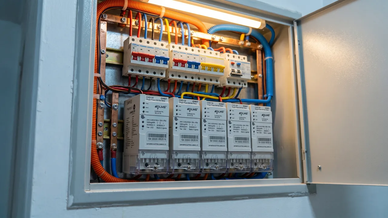 An open distribution panel in a Kampala apartment block: a row of CHINT CHD130 single-phase prepaid DIN-rail meters under a phase-coloured row of MCBs, the kind of upgrade Naguru landlords are making