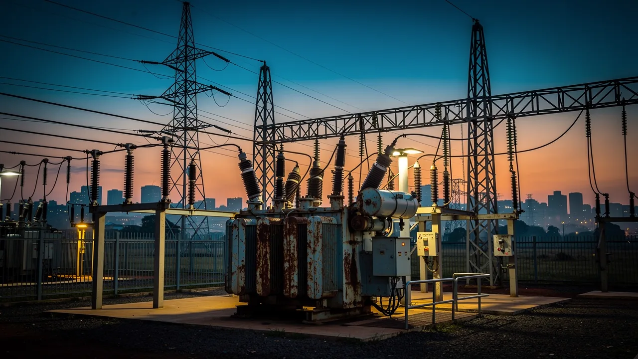 A Ugandan electrical distribution substation at dusk — the gear that defines power quality on East African networks