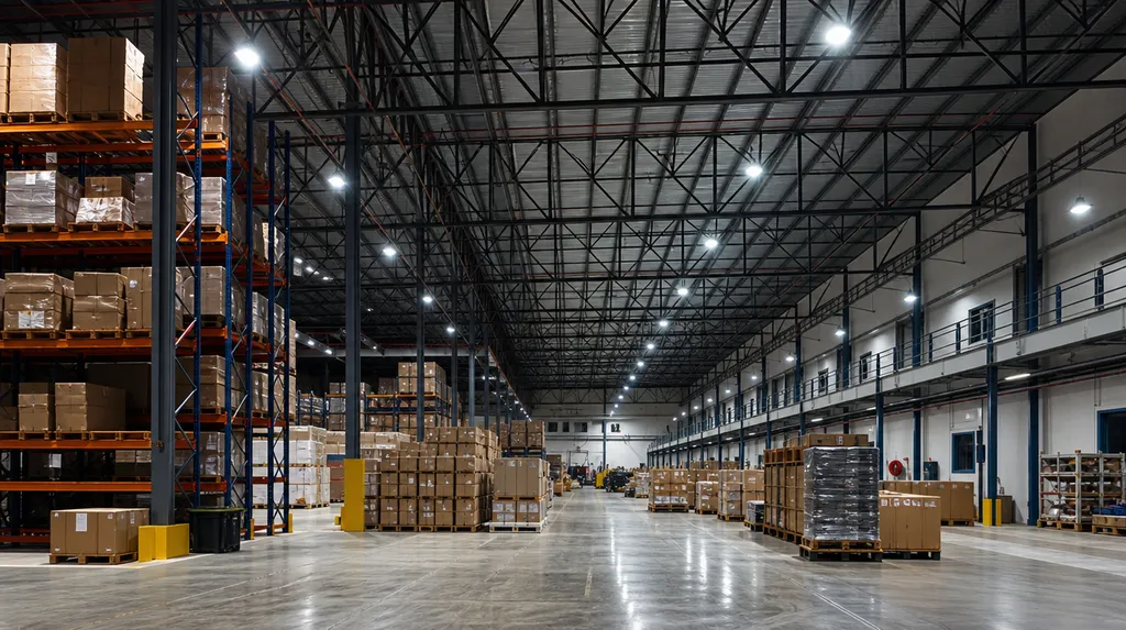 Modern factory floor at night illuminated by suspended high-bay LED lights over inventory racks and clean concrete floors