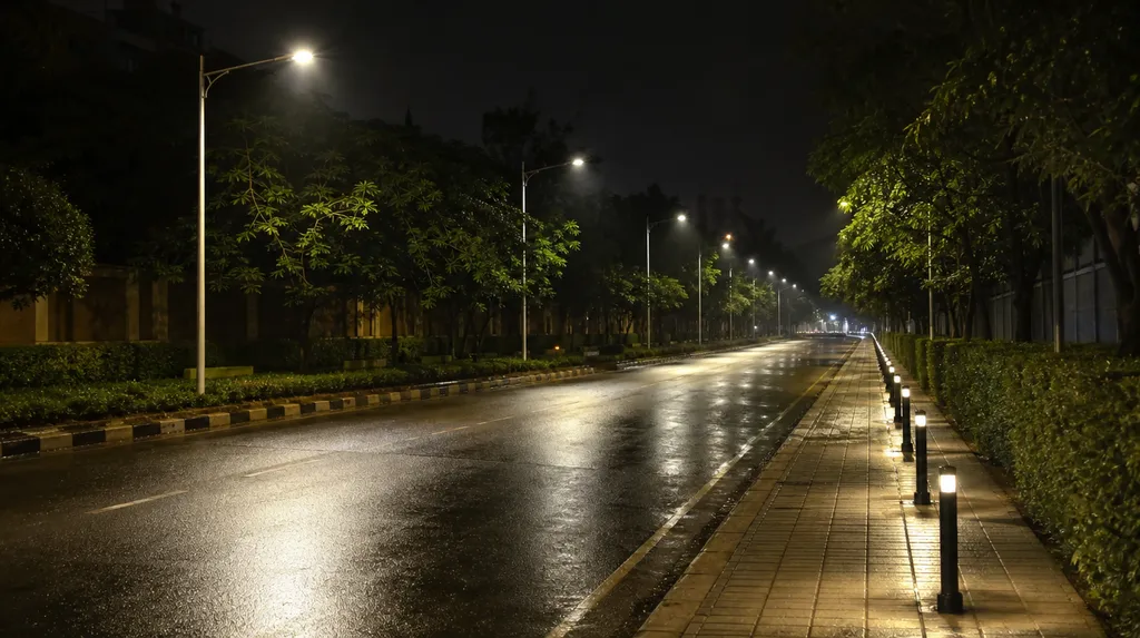 Tree-lined Kampala street at night with modern smart street lights and bollard lights illuminating wet pavement