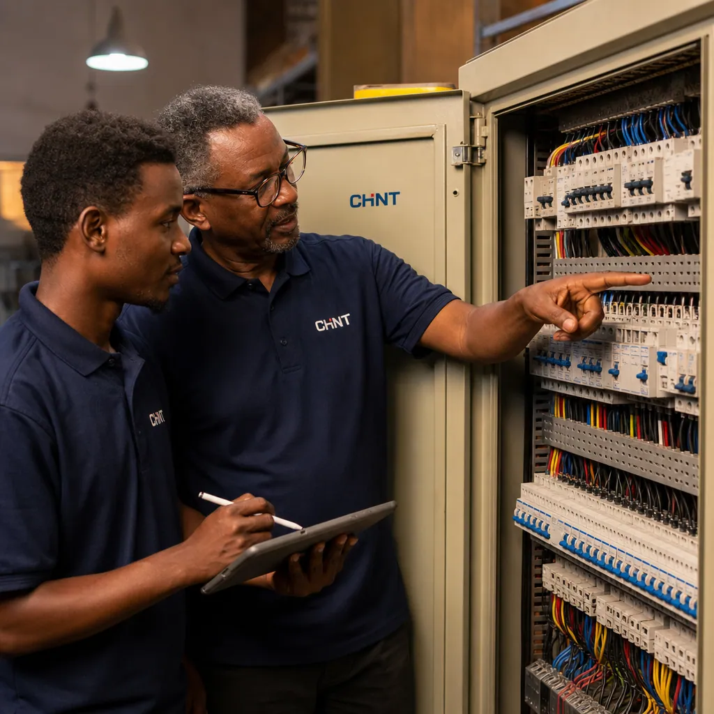 Senior East African male engineer pointing at a circuit breaker inside an open distribution-board cabinet while a younger apprentice takes notes on a tablet, both in navy uniforms