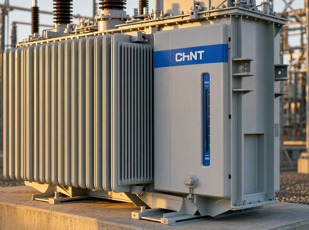 CHINT transformer with cooling fins and brand-blue indicator strip at a substation.