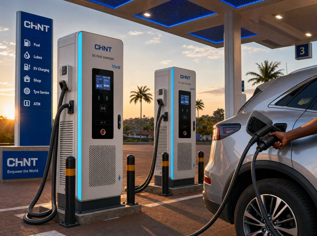 CHINT-branded DC fast chargers on a Ugandan fuel-station forecourt at golden hour.