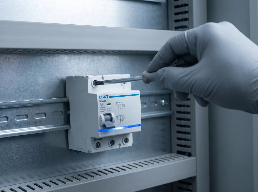CHINT NXQ1 RCCB module being torqued onto a DIN rail in a finished panel cabinet.