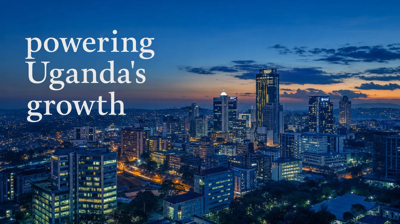 Cinematic dusk view of the Kampala skyline — modern downtown buildings glowing with warm interior lights, distribution lines tracing the urban grid against a deep-blue dusk sky