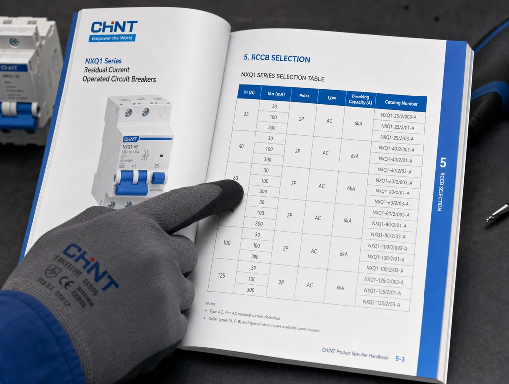CHINT product specifier handbook open to a NXQ1 RCCB selection table.