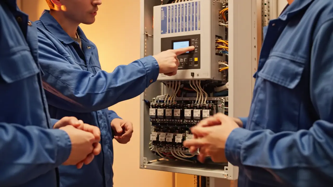 CHINT Uganda technicians gathered around a wall-mounted Solis solar inverter during the April training session