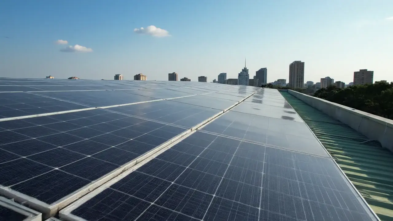 Drone aerial shot rising over a rooftop solar PV array on a Ugandan commercial building